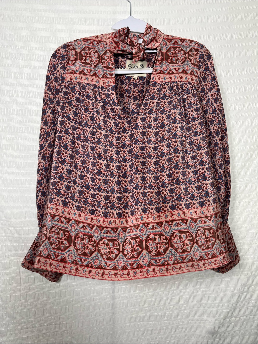 Sea New York Pink Boho Silk Floral Print V-Neck Long Sleeve Top  Size 6